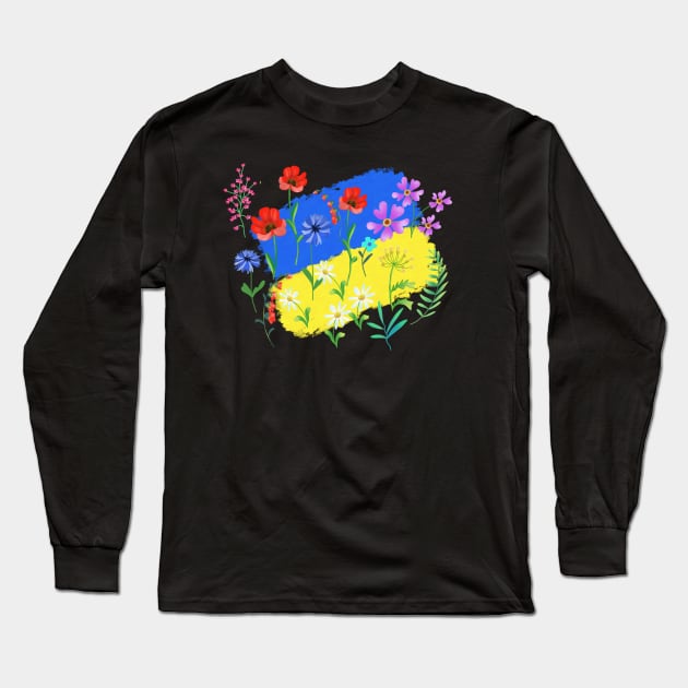 flowers on the background of the flag of ukraine Long Sleeve T-Shirt by sonaart